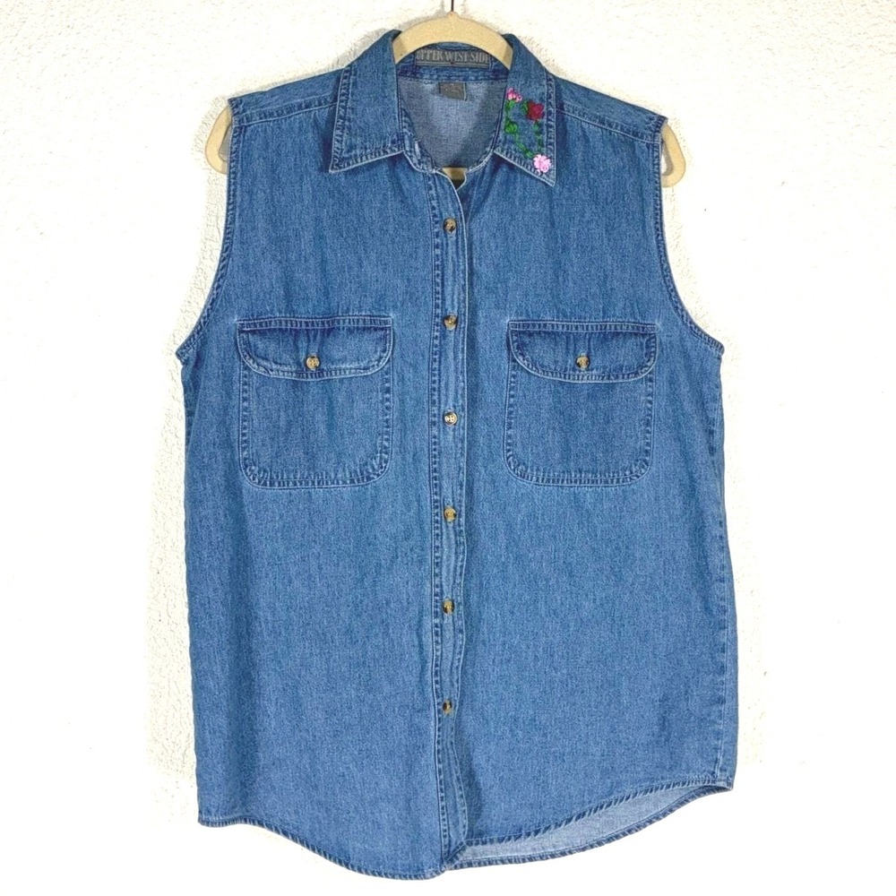 Upper West Side Blue Denim Vest - M - Floral Embroidered Sleeveless Boho Western